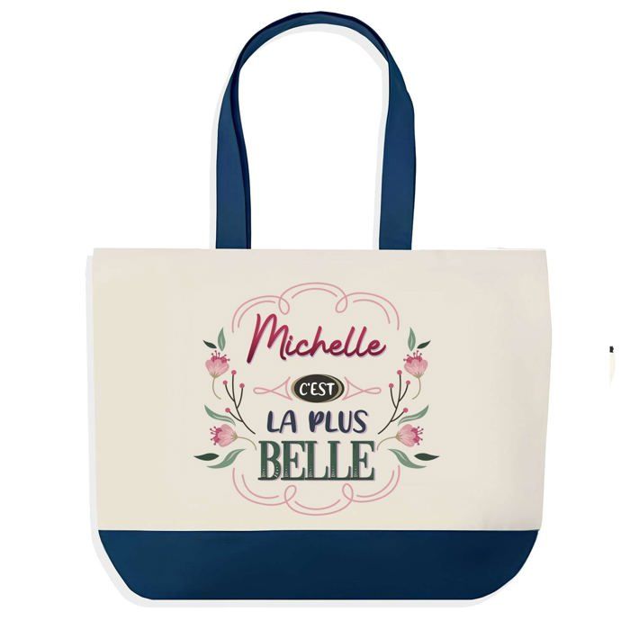 Sac shopping - PLANETEE - Michelle la plus belle - Fond bleu - Coton - 40 x 45 cm