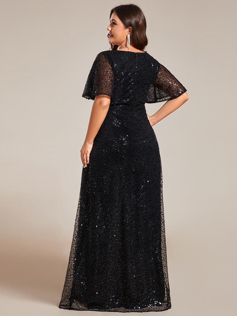 Ever-Pretty Women's Plus Size Shiny Sequin V-Neck A-Line Evening Dresses with Ruffles Sleeves