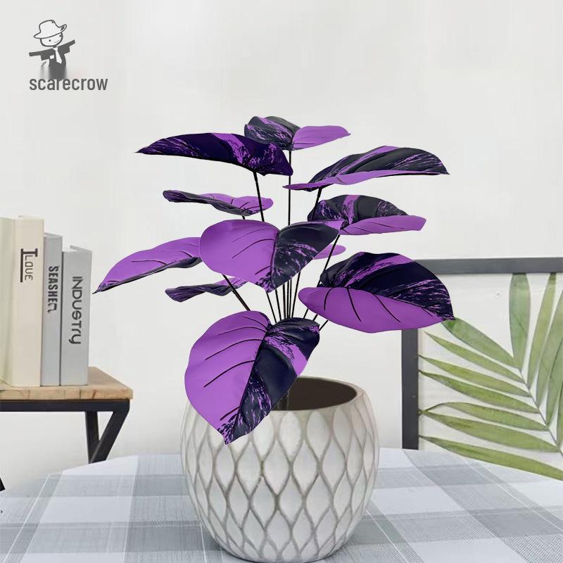 Luxurious Purple Peach Leaf Artificial Bonsai - Dark Style Green Plant for High-End Living Room Decor