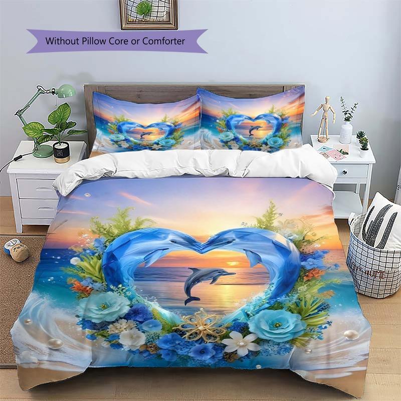 Dolphin Ocean Floral Print Bedding Set Duvet Cover Set, Without Pillow Core or Comforter, Home Bedroom Decor