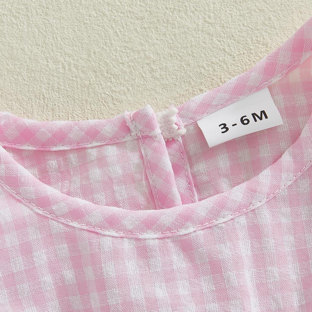 Baby Girls Easter Romper Dress Plaid Printed Flying Sleeve Round Neck Jumpsuit with Bow Headband