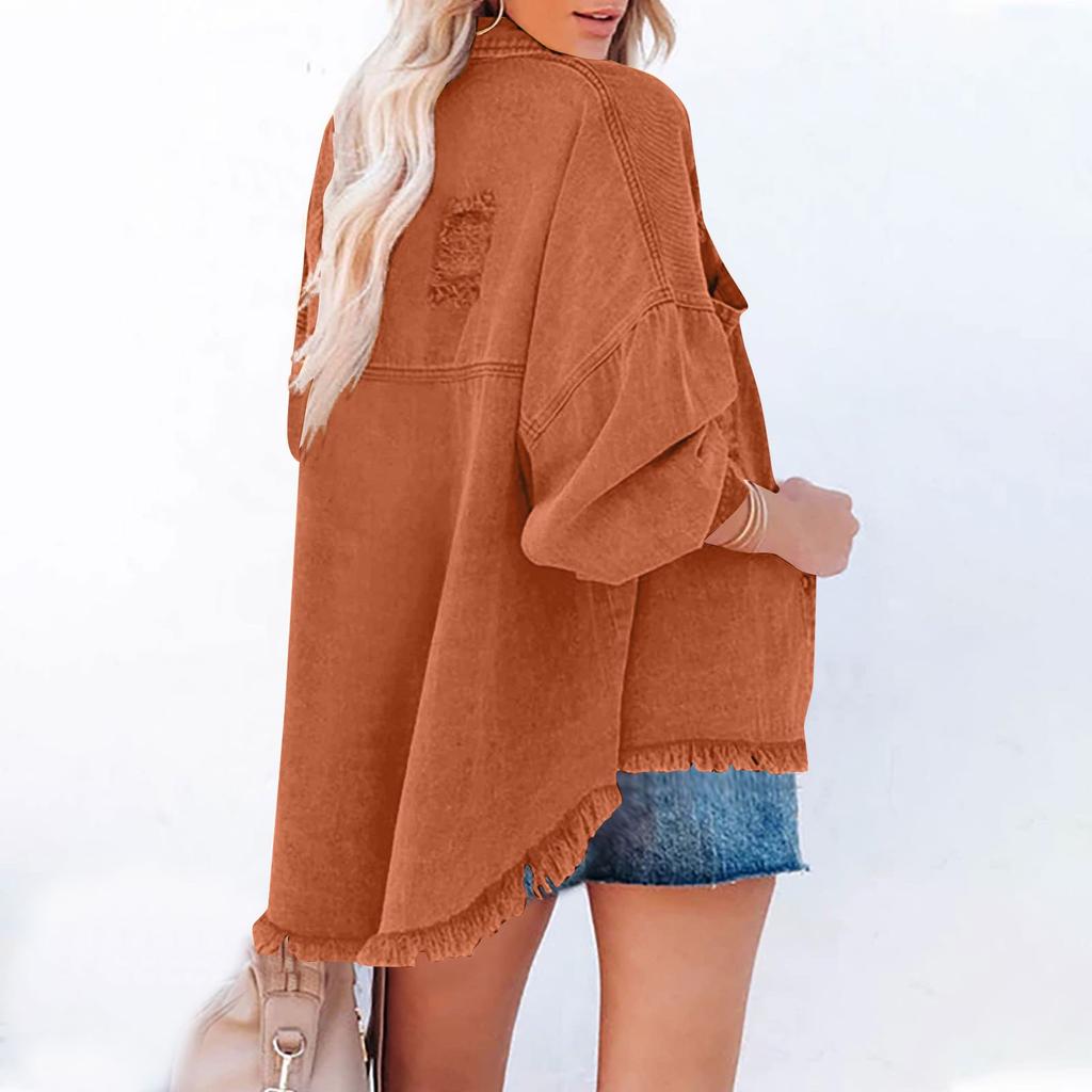 Women Loose Casual Denim Jacket Female Jacket Frayed Edges Trim  Long Sleeve  Coat With Pockets