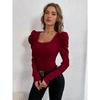 Women'S Fashion Square Neck Slim Fit Sheep Leg Sleeve Knitted Long Sleeved T-Shirt Commuting Top In Stock