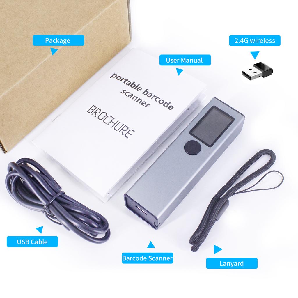 2D 1D QR-сканер штрих-кода с TFT-экраном 3 в 1 BT и 2,4 ГГц, беспроводное и проводное соединение, звук и