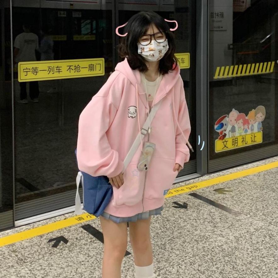 Японские кавайные толстовки на молнии для женщин, милые девушки, звезды, графика, вышивка, толстовки с капюшоном Kpop, милый повседневный женский топ