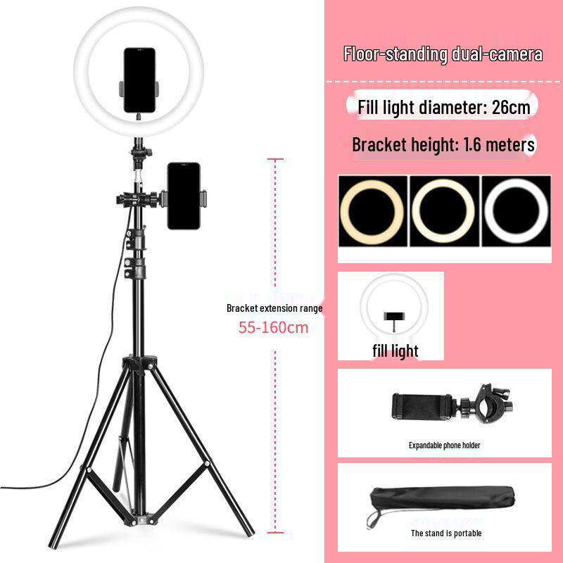 Mobile Phone Live Streaming Ring Light with Retractable Tripod and Multi-Position Stand