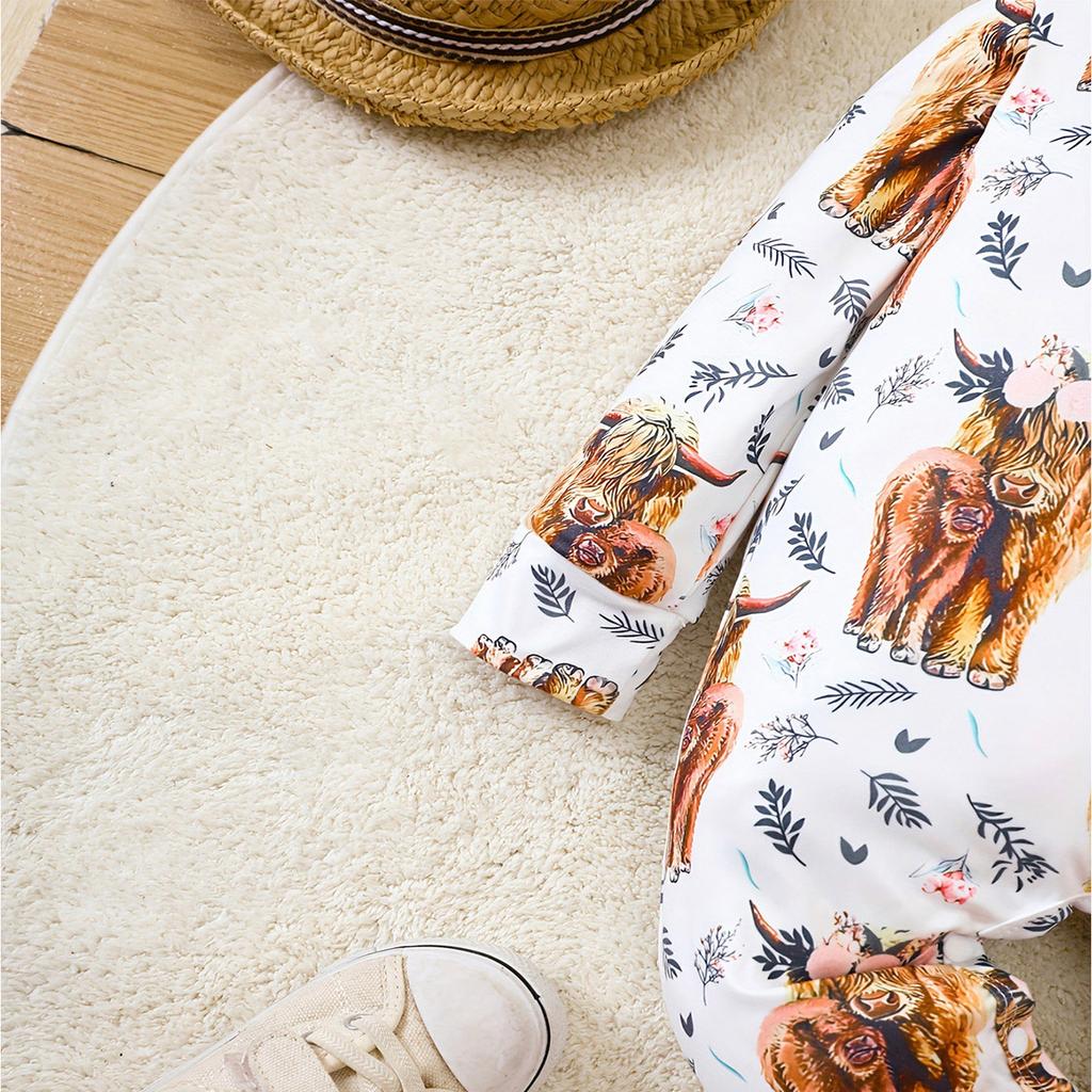 Детский комбинезон с длинными рукавами и милым принтом коровы и цветов для малышей