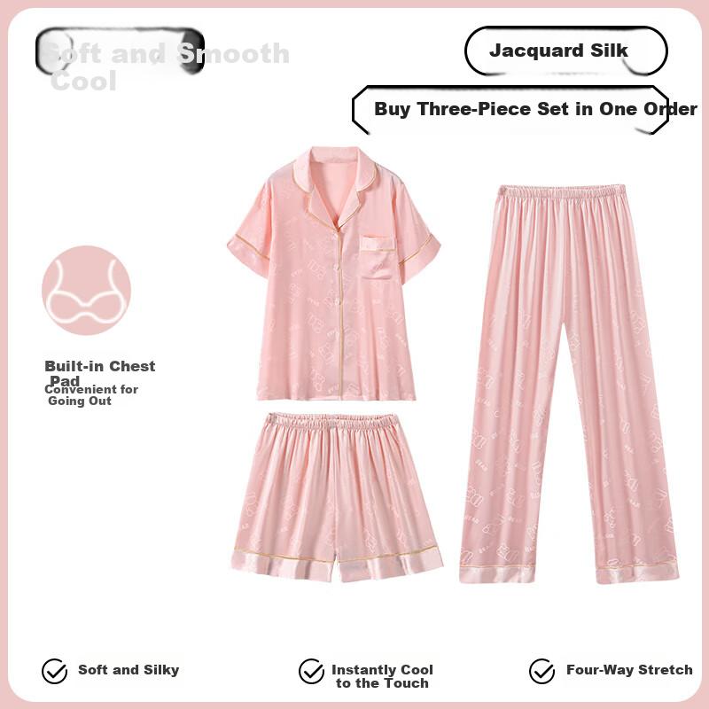 LangSha Birthday Gift for Girlfriend, Ice Silk Pajamas for Women, Summer Short-Sleeve Three-Piece Set with Chest Pads, Bear Home Wear Outfit Set