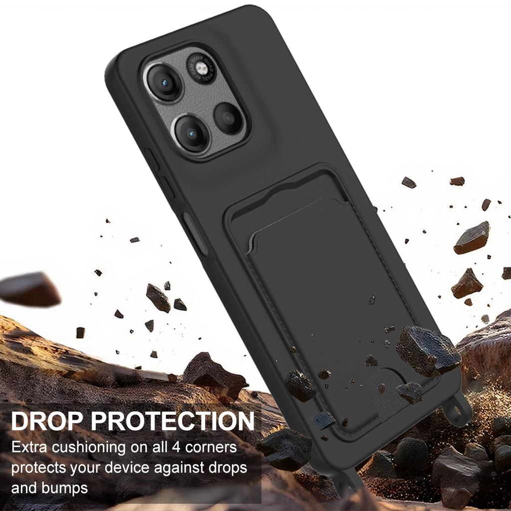 For Motorola Moto G15 Power 4G/G15 4G Liquid Silicone Case Phone Back Cover with Card Holder and Short Strap