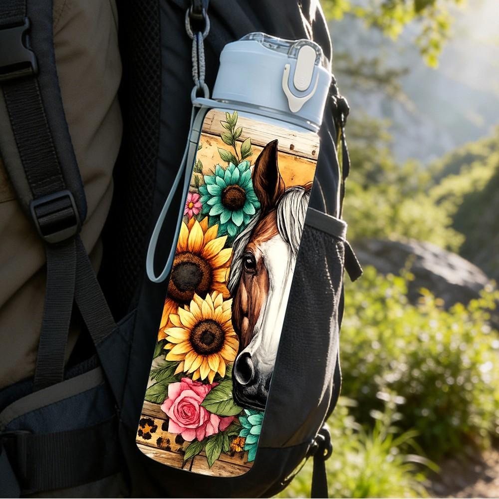 1PC Sunflower Horse Western Country Print 750ml Color Plastic Sports Water Bottle Leakproof Flip Straw Lid Suitable for Sports Office Home Use