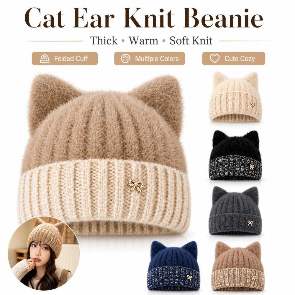 Knitted Yarn Cat Ear Beanie Cat Ear Shape Knitted Cat Hat New Knit Beanie Women's Winter Hat