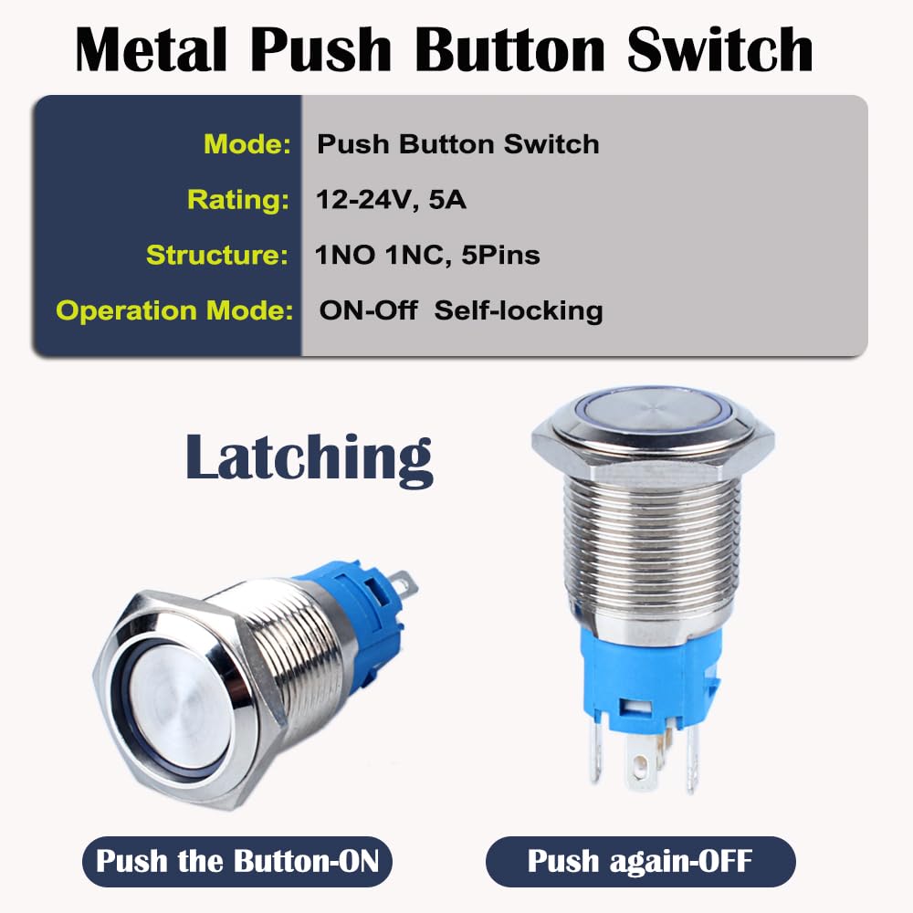 2 шт. 16 мм фиксирующий кнопочный переключатель 12 В-24 В 1НО 1НЗ водонепроницаемый IP66 самоблокирующийся металлический переключатель включения/выключения для монтажного отверстия 5/8
