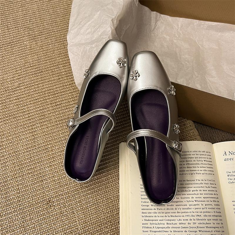 Универсальные однословные полушлепанцы с пряжкой женские со стразами квадратный носок внутренняя высота увеличение мелкий вырез мягкая кожа сумка на носке сандалии яркие