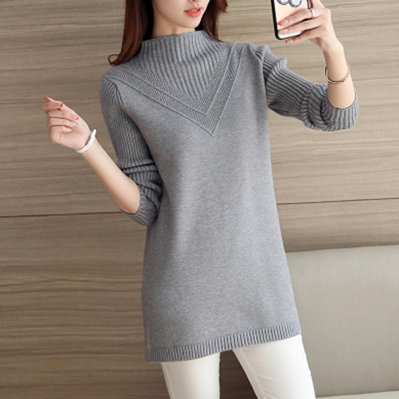 Korean Sweater Women Half Turtleneck Pullover Mid-length Knitted Sweater Women's Knitwear Solid Color Thick Jumper Sweater Autumn and Winter