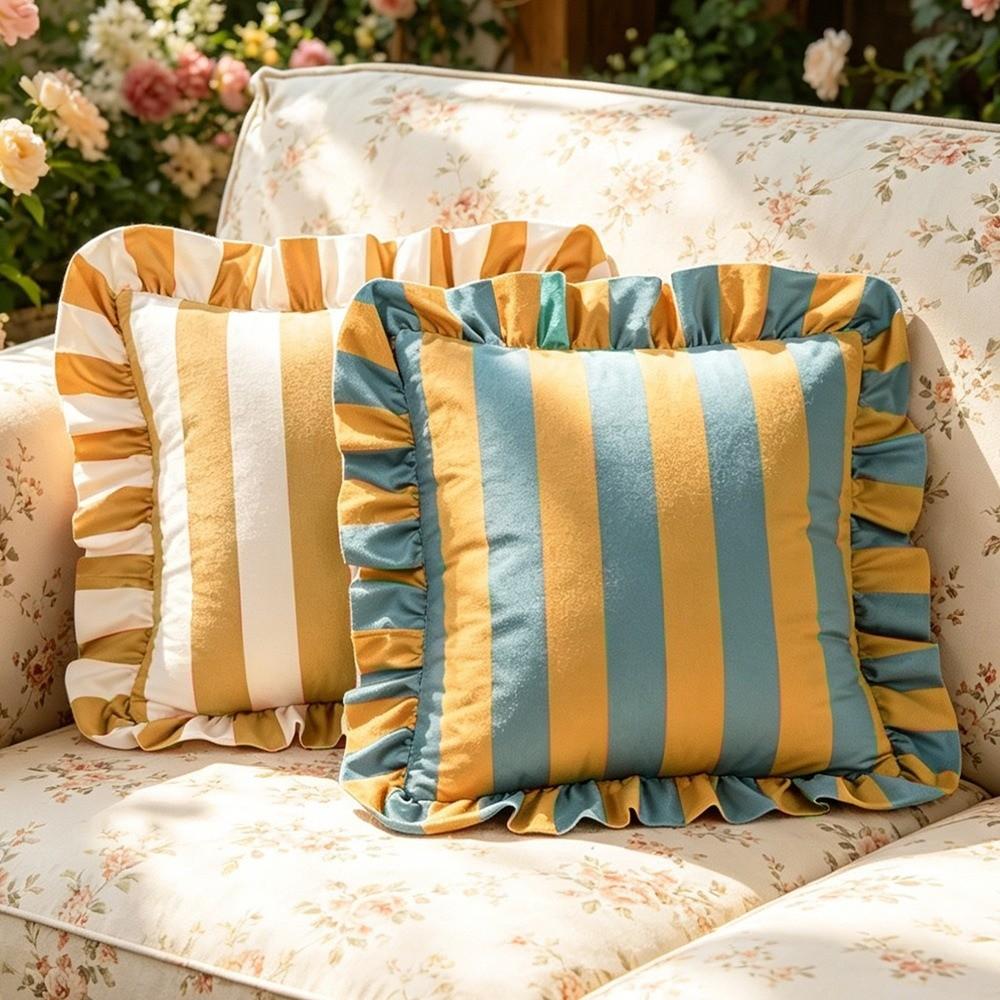 Striped Pillow Case Cover Lotus Leaf Skirt Edge Soft Pillowcase Home Decor Velvet Bedding Pillow Cover Bedroom Living Room