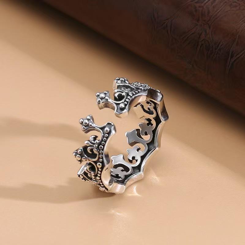 Retro Crown Ring Ins Simple Zinc Open Ring Old Dyed Black Versatile Index Finger Ring
