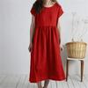 Medium Length Skirt, Round Neck, Short Sleeved Solid Color, Loose Casual Cotton and Linen Dress for Women