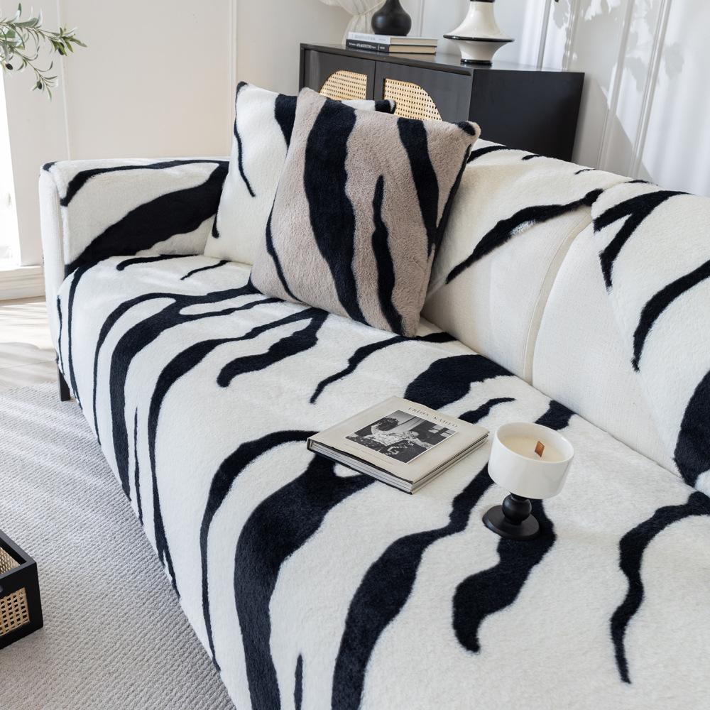 Bunny Cashmere Zebra Pattern Sofa Cushion Autumn and Winter Light Luxury Leather Sofa Cushion Non-Slip New Winter Plush Sofa Cover Cloth