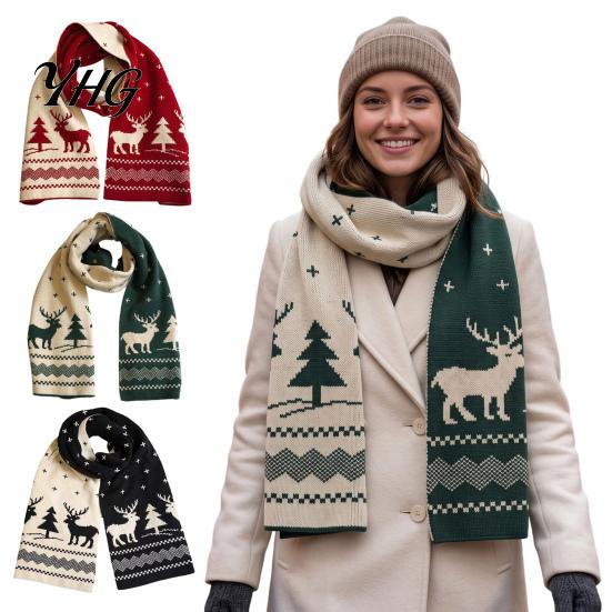 Fashionable Winter Holiday Gift Knitted Scarf for Women, Reversible Fair Isle Snowflake Reindeer Daily Commuting Warm Scarf, Soft Long Wrap Christmas