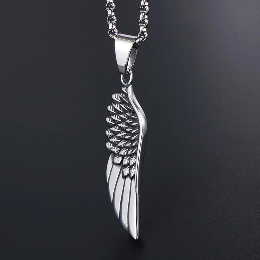 Retro Fashion Feather Angel Wing Necklace Pendant for Men Punk Stainless Steel Feather Pendant Men Women Jewelry Accessories