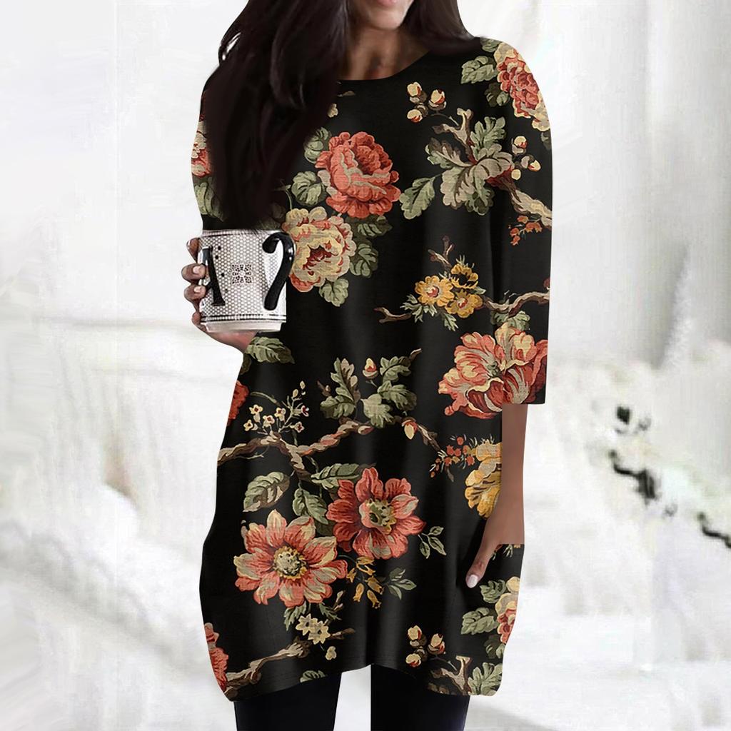 Женская модная повседневная футболка с круглым вырезом и принтом, рукавом 3/4, двойным карманом