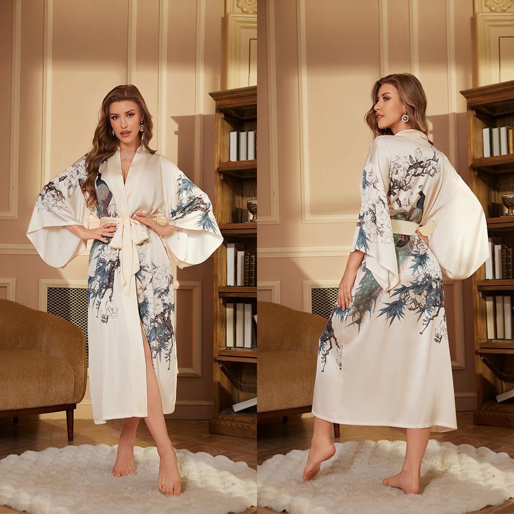Принт Сатин Женский Длинный Халат Ретро Ночная Сорочка Рукав Три Четверти Кимоно Банный Халат Свободная Домашняя Одежда