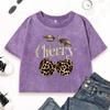 Leopard Texture Cherry Printed Washed T-Shirt Women O-Neck Crop Top Crewneck T Shirts Woman Cotton Casual Clothing