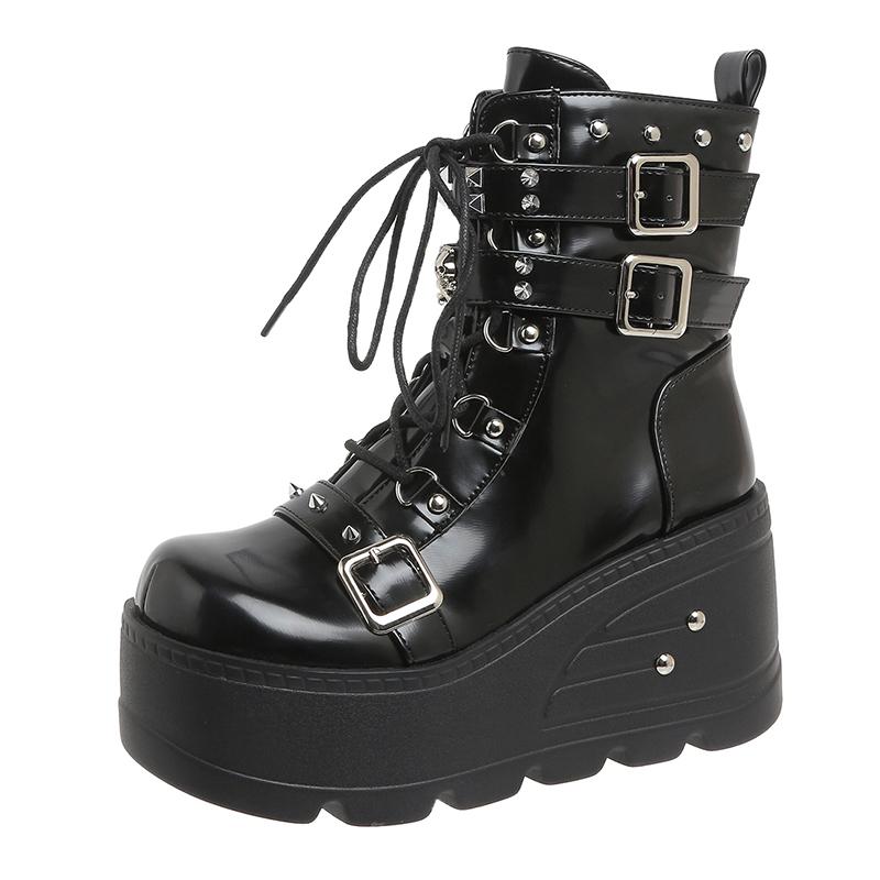Fashion Platform Boots Goth for Women Lace up Wedge Heel Buckle Ankle Booties Studded Short Motorcycle Boots with Zipper White
