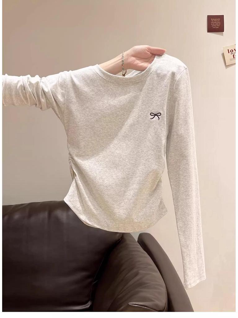 Женский топ с круглым вырезом, вышивкой бантом, длинными рукавами и плиссировкой, ранняя осень