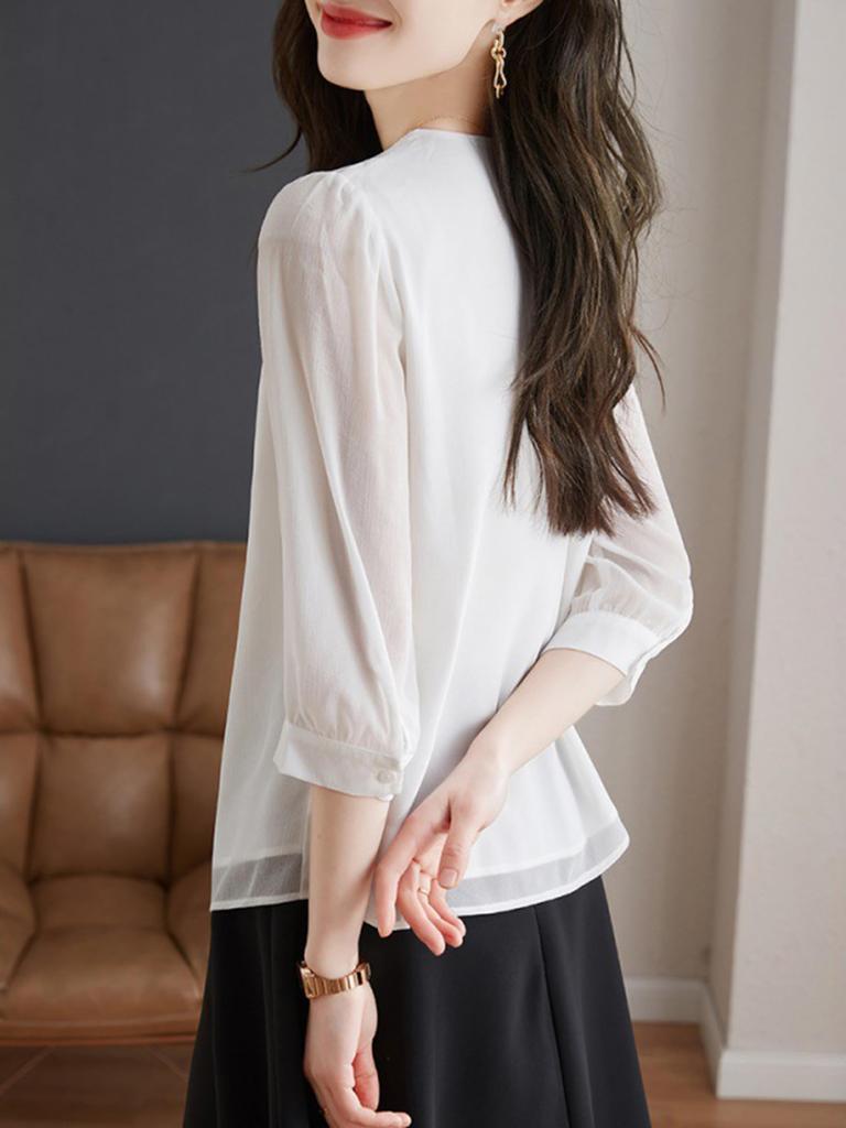 Рубашка Блузка для Элегантная Свободная Для Повседневной Носки Большая Осень [Lalapala] Женская, Шифон, Топ, Посадка, Однотонная, Стройнящая, Взрослая, Стильная, Элегантная, Универсальная, 3/4