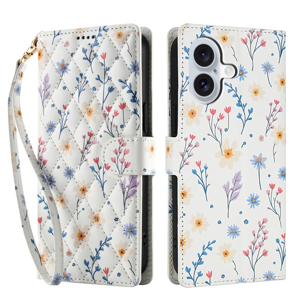 For iPhone 17 Wallet Case Rhombic Floral Design Leather Flip Phone Cover with Strap
