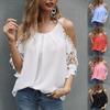 T-shirt Lace Hollow Out Sleeve Women Solid Color Off Shoulder Blouse for Daily Wear