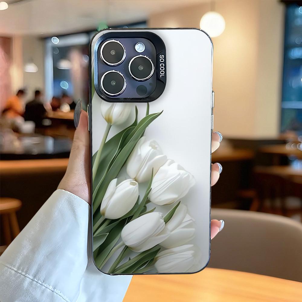 White tulip bouquet phone case suitable for iPhone 17 16 15 14 13 12 11 Pro/Max/Plus anti drop and shockproof back cover