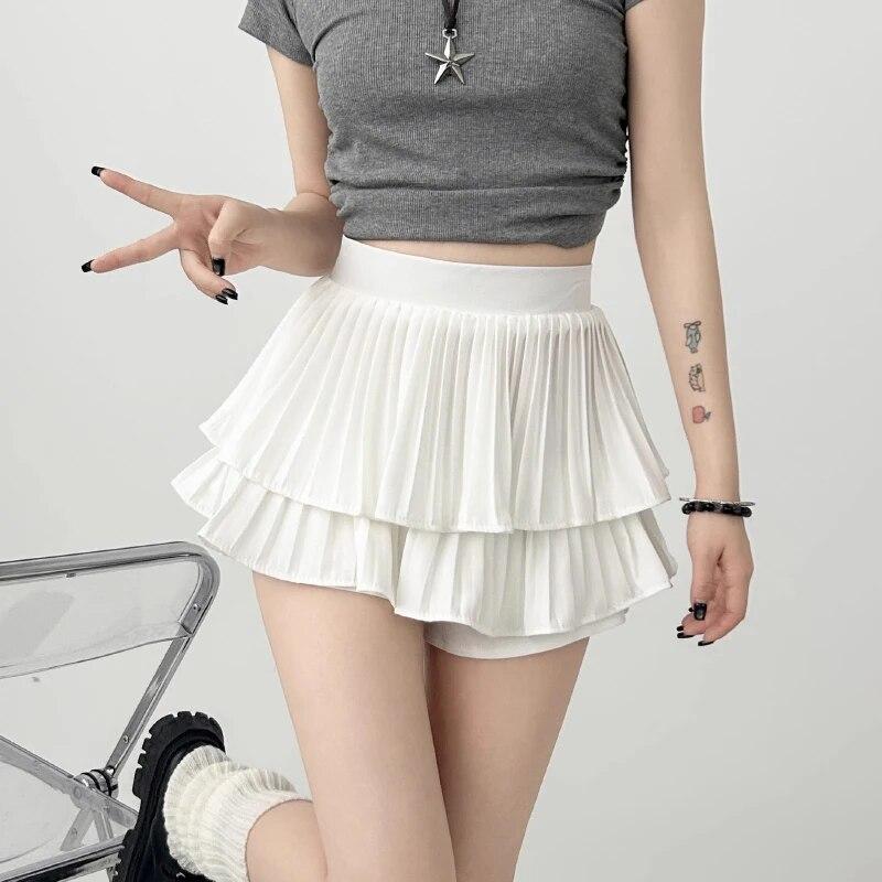 Kawaii Mini Skirt Women High Waist Ruffled Pleated Tulle Cake Slim Skirt Shorts Female Korean White Lolita Skirt Large Size