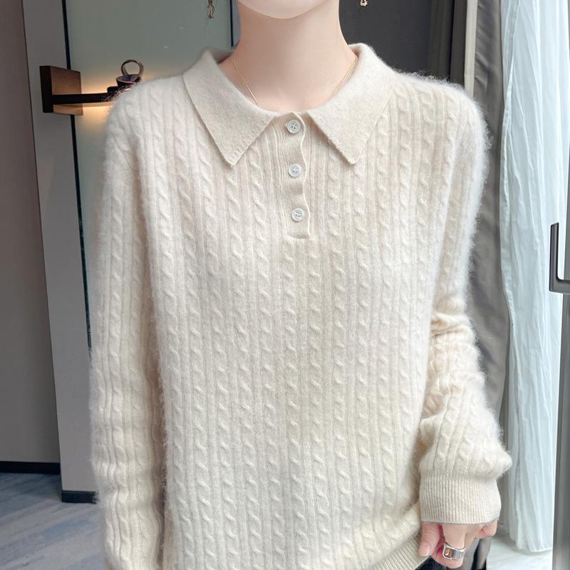Women's 100% Pure Wool Thick Cable Knit Sweater - Autumn/Winter Loose Fit Fashion Base Layer