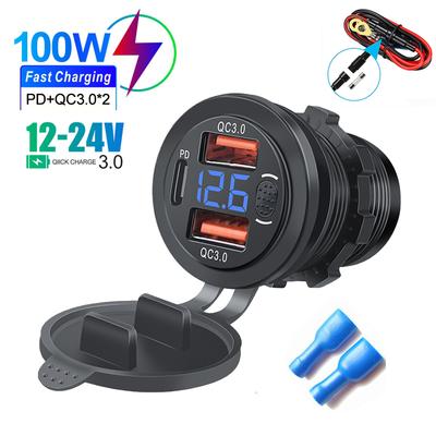 12/24 В три порта USB зарядное гнездо USB-C PD и двойной QC 3.0 для автомобиля мотоцикла с вольтметром и выключателем питания автомобильное зарядное устройство