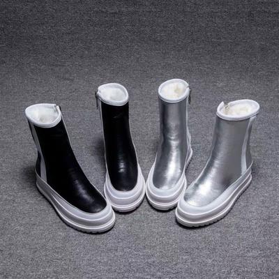 Зимние ботинки Новая женская зимняя обувь Толстая подошва Платформы Ботильоны Круглый носок Толстый плюш Теплая хлопковая обувь Боковая молния Серебристый Черный