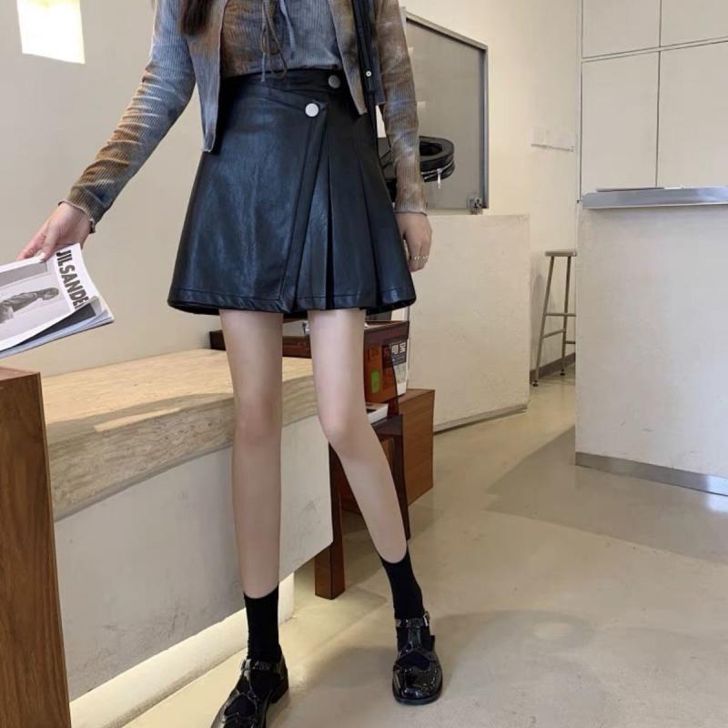 Летние кожаные юбки женские корейские модные винтажные короткая юбка из искусственной кожи OL женская повседневная плиссированная мини-юбка А-силуэта с высокой талией
