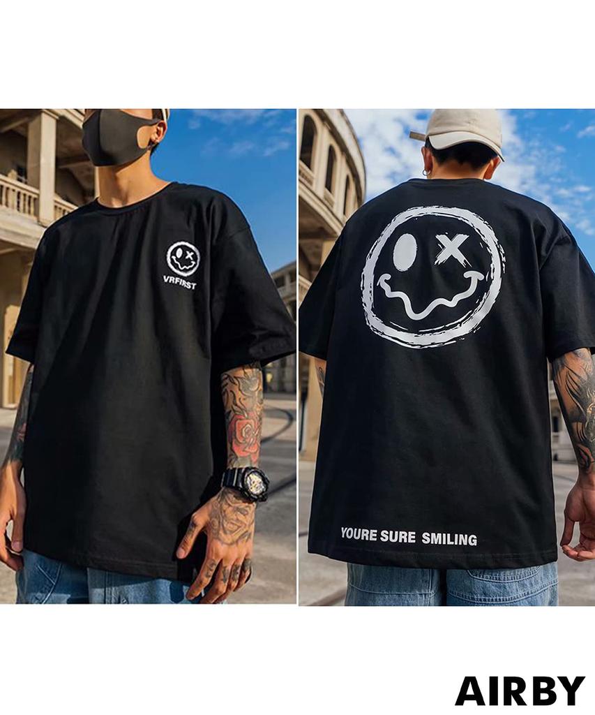 Мужская футболка с коротким рукавом, с вырезом и короткой круглой спиной в американском стиле [Airby], футболка, сшитая, с принтом «Улыбка», рукав, узор, оверсайз, большая, с персонажем,