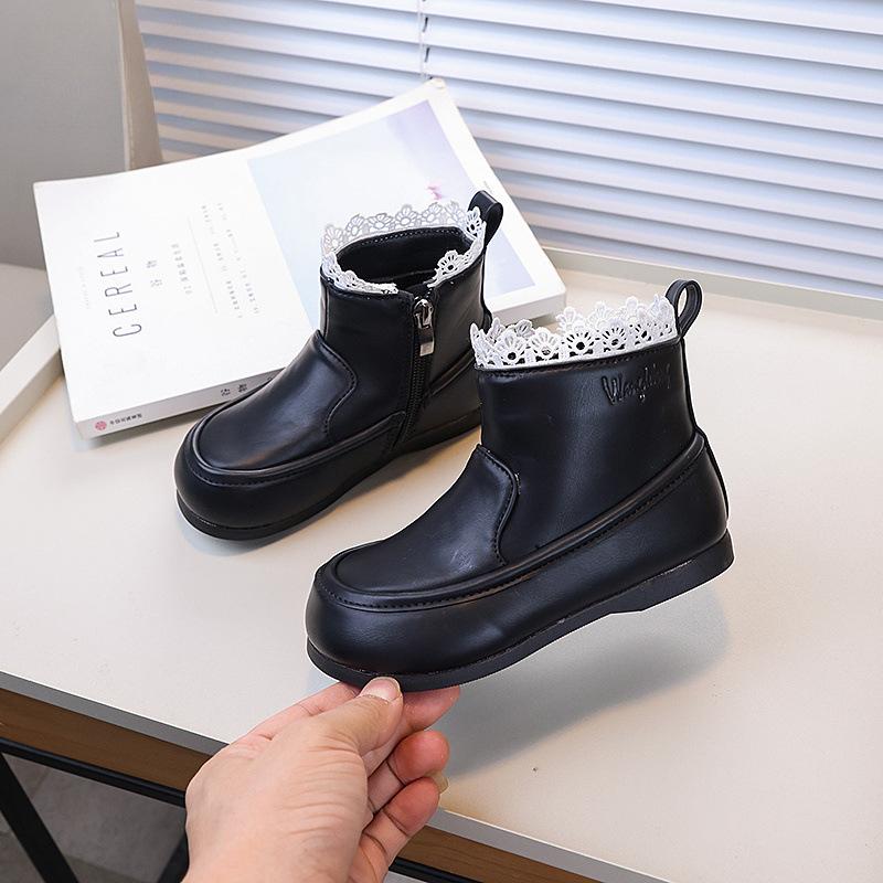 Детские ботильоны с оборками, милые, принцесса, черные, модные, универсальные, элегантные короткие кожаные ботинки, нескользящие