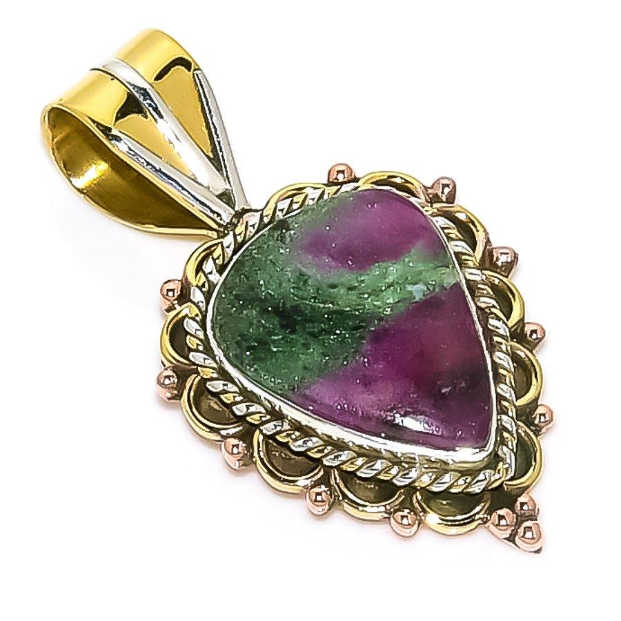 Ruby In Zoisite Lab-Created 925 Sterling Silver Gift Two Tone Pendant 1.25" Z7t59