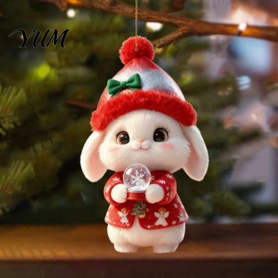 Lightweight Wooden Holiday Ornaments Christmas Bunny Ornament, 2D Flat Rabbit Hanging Decor with Santa Unique Tree Hat, Pendant for Wreath Door,