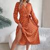 Women's Long Sleeve Dress V-Neck Polka Dot Dress with Tie Waist Long Pleated
