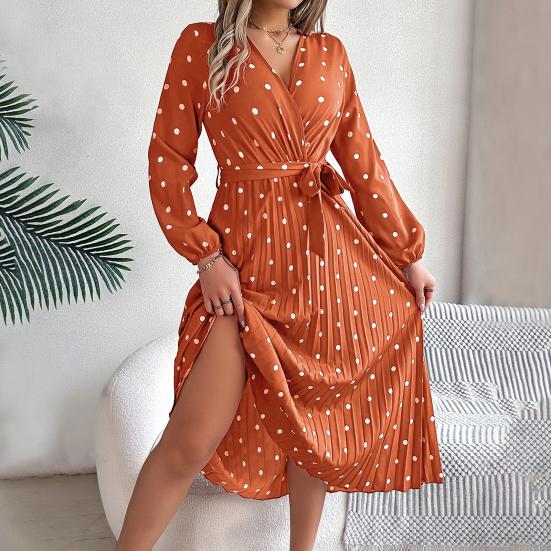Women's Long Sleeve Dress V-Neck Polka Dot Dress with Tie Waist Long Pleated Dress for Office Parties Date