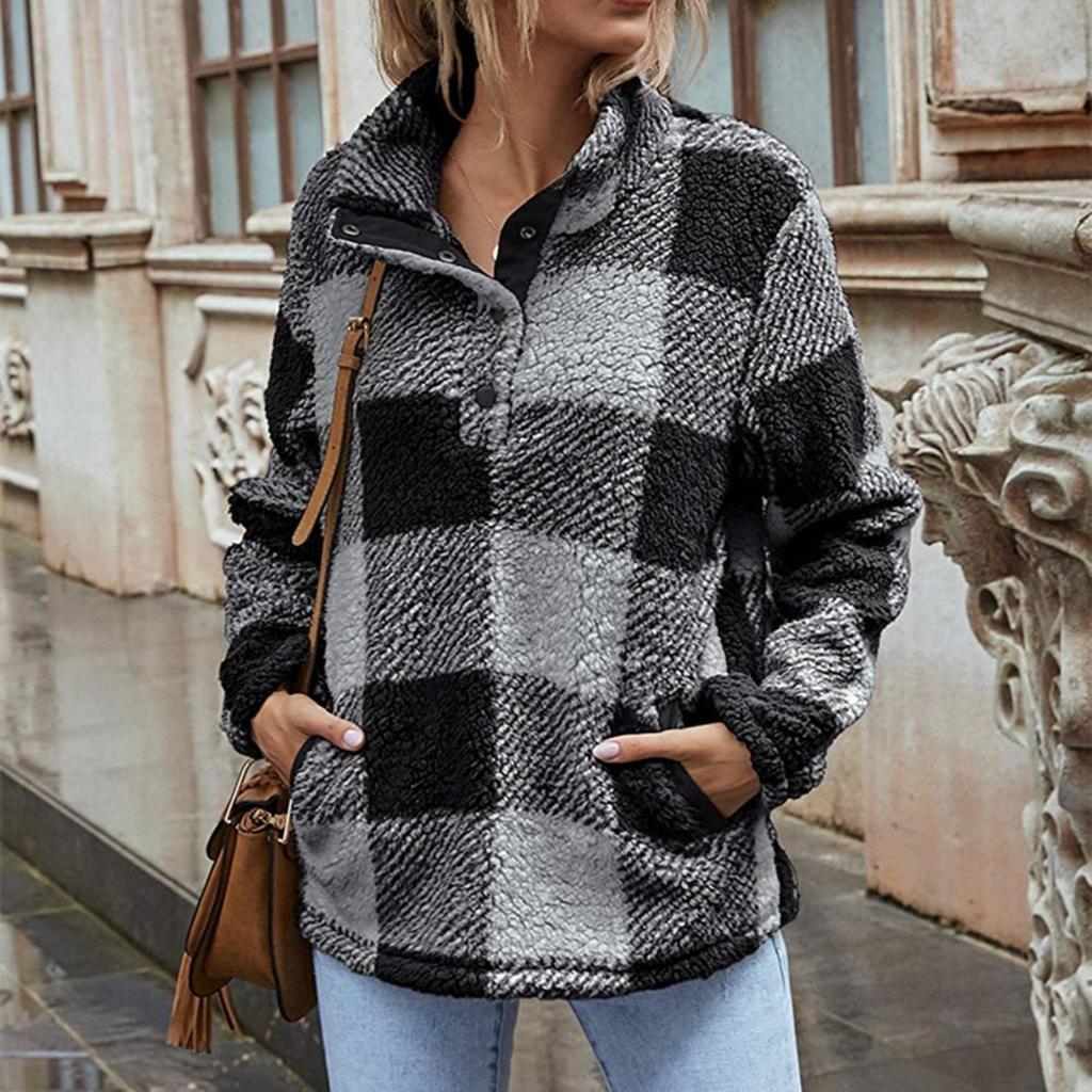 2025 Новый женский клетчатый флисовый свитер с высоким воротником, пуловер свободного кроя, осенне-зимняя мода