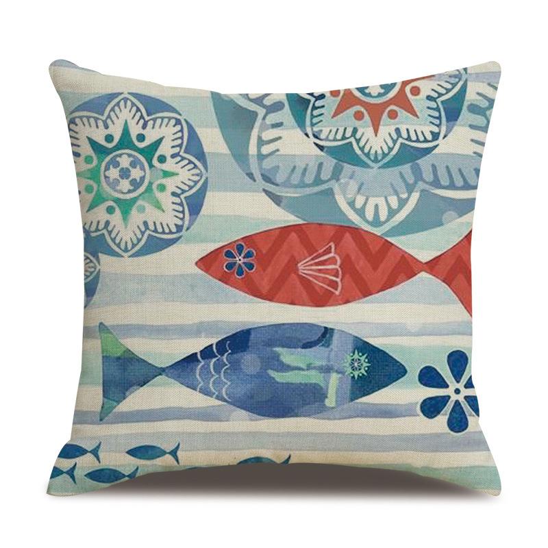 Linen Pillowcase Hand-painted Marine Cotton Linen Coral Seahorse Starfish Octopus Home Soft Furnishing Cushion Cover