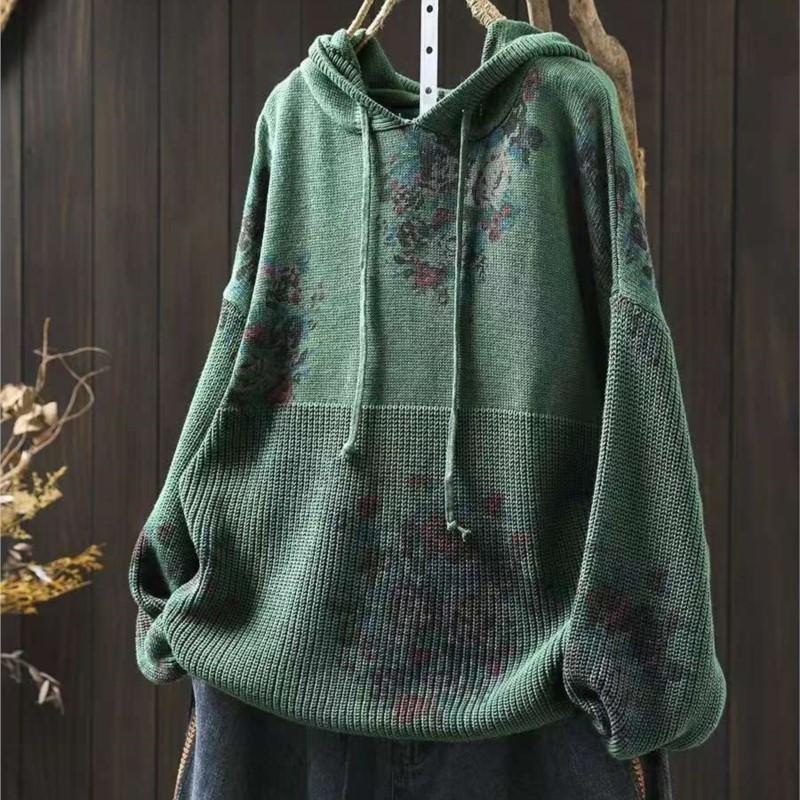 Johnature Женские винтажные вязаные свитера с капюшоном, принтованные цветочные ткани, весенние свободные мягкие свитера с длинным рукавом