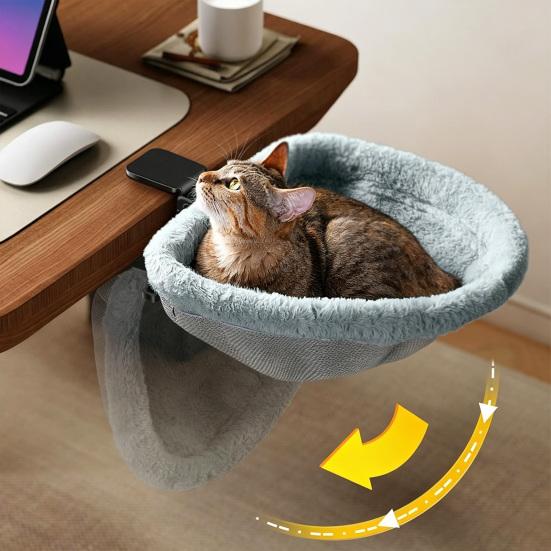 Прикроватная лежанка для кошки Плюшевая складная лежанка для кошки с C-образным зажимом Прочная настольная жердочка для питомца Настольная гамак-лежанка для кошки с моющейся подкладкой для домашних кошек