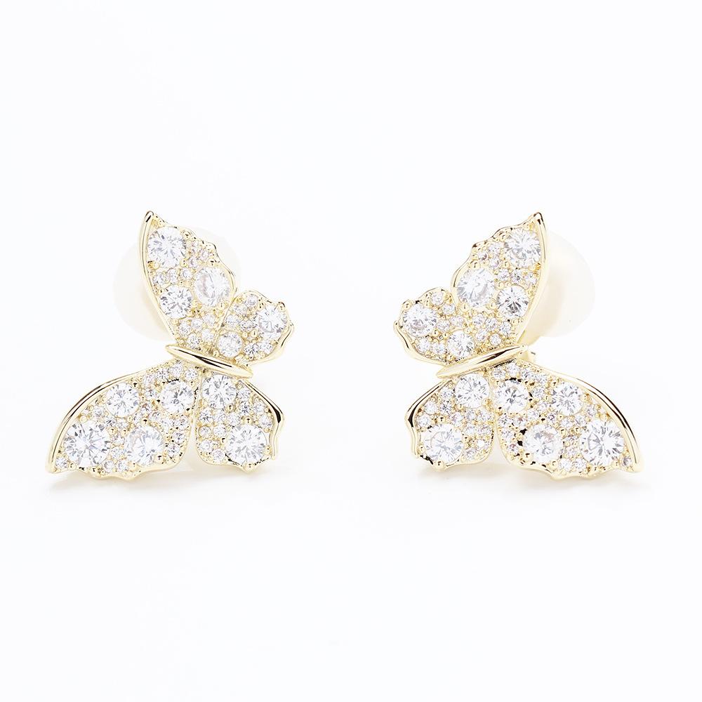 Elegant and high-end, stone-inlaid butterfly earrings, gold and silver two-color versatile temperament, no ear holes, ear clips, earrings, women's je