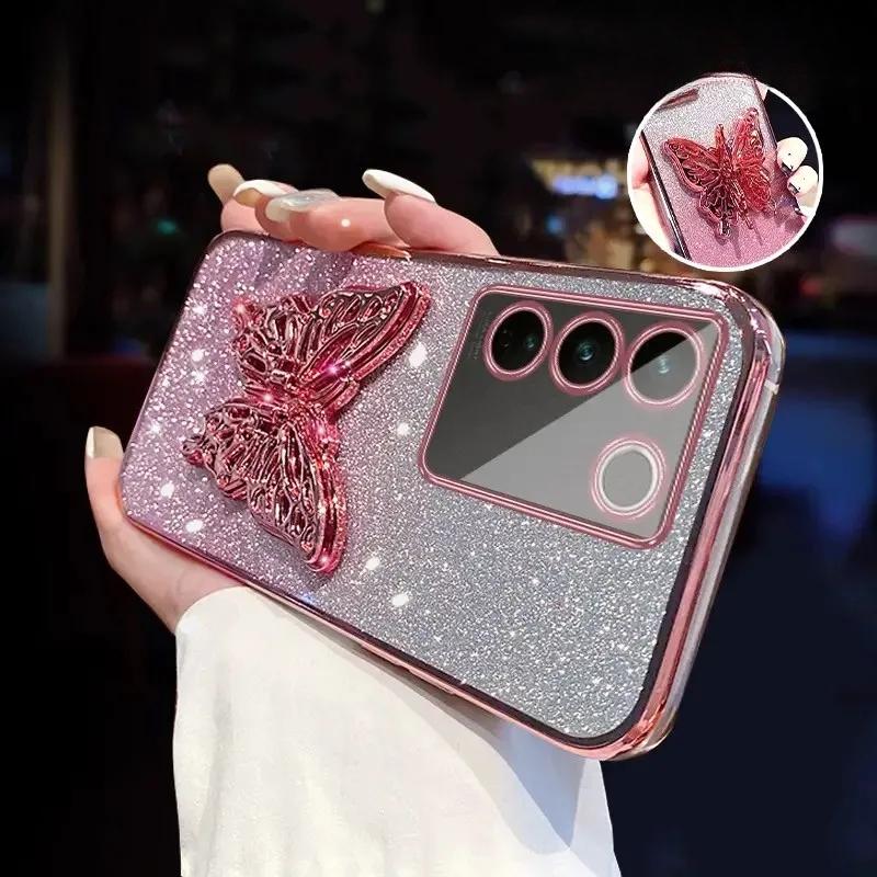 3D Butterfly Phone Holder Crystal Bracelet Glitter Plating Case for Samsung Galaxy A14 A24 A34 A54 A15 A25 A35 A55 4G 5G Cover